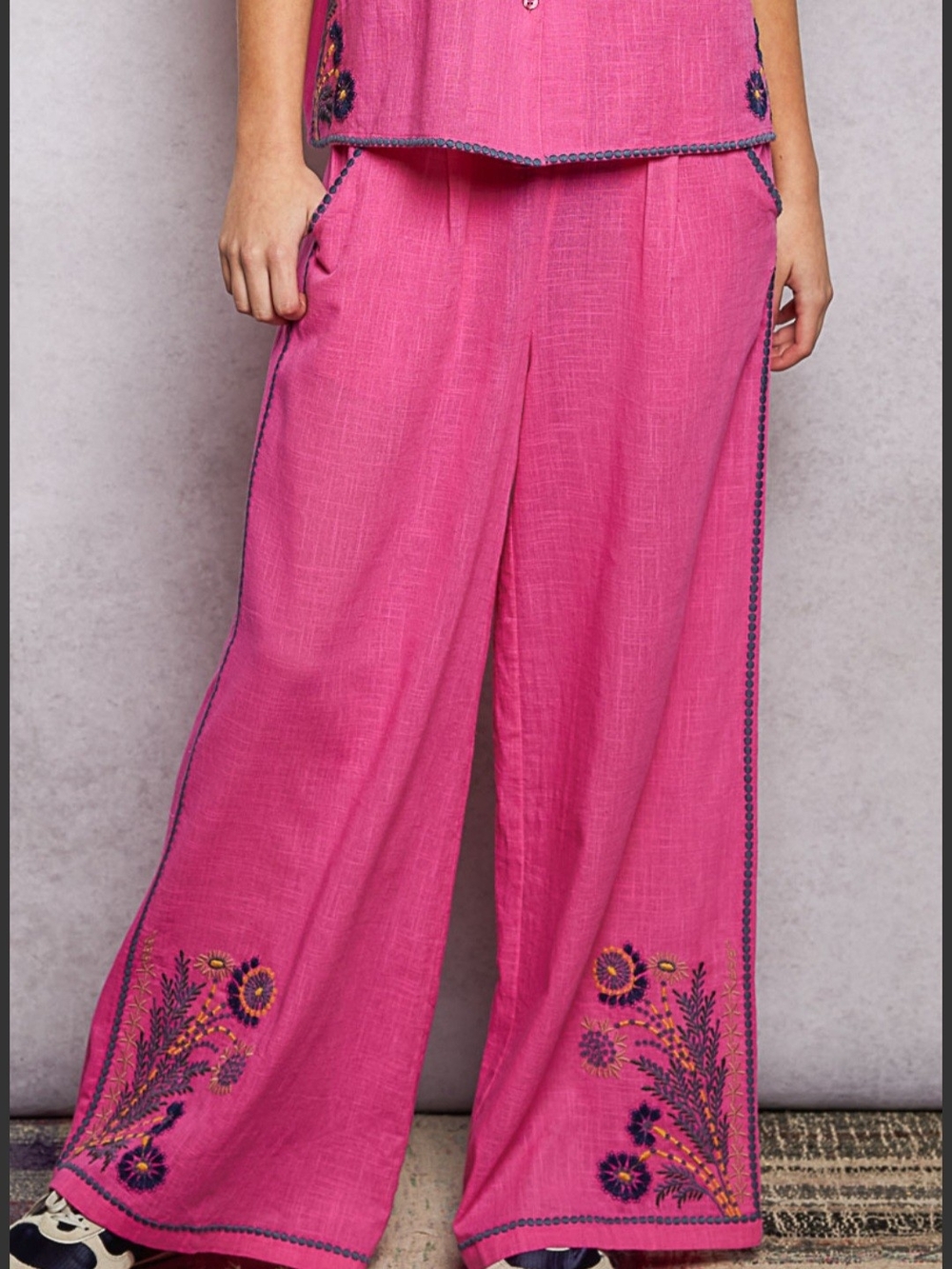 POL Pink Embroidered Button-Front Pants Set - Picture 6 of 8
